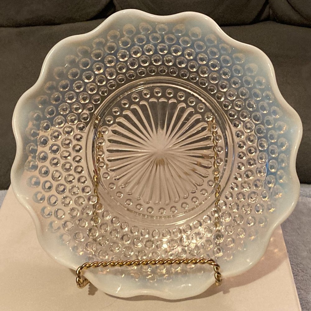 VTG 1940s Anchor Hocking Moonstone Opalescent Clear Hobnail 7" Glass Bowl-EUC